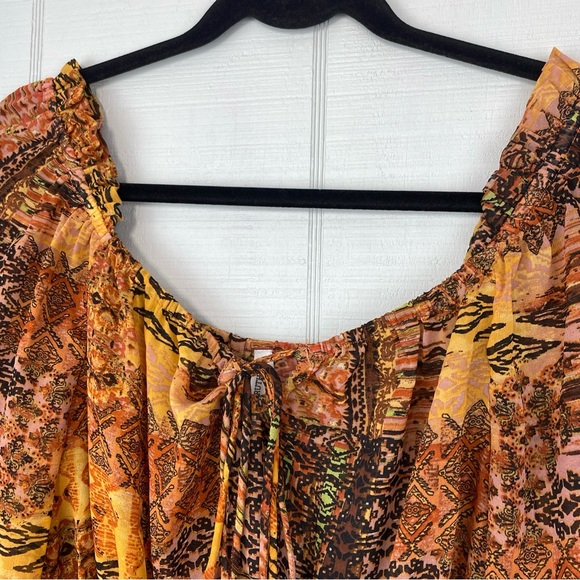 Live 4 Truth Orange Brown Mixed Pattern Peasant Top Balloon Sleeves Peplum Waist - Picture 2 of 6